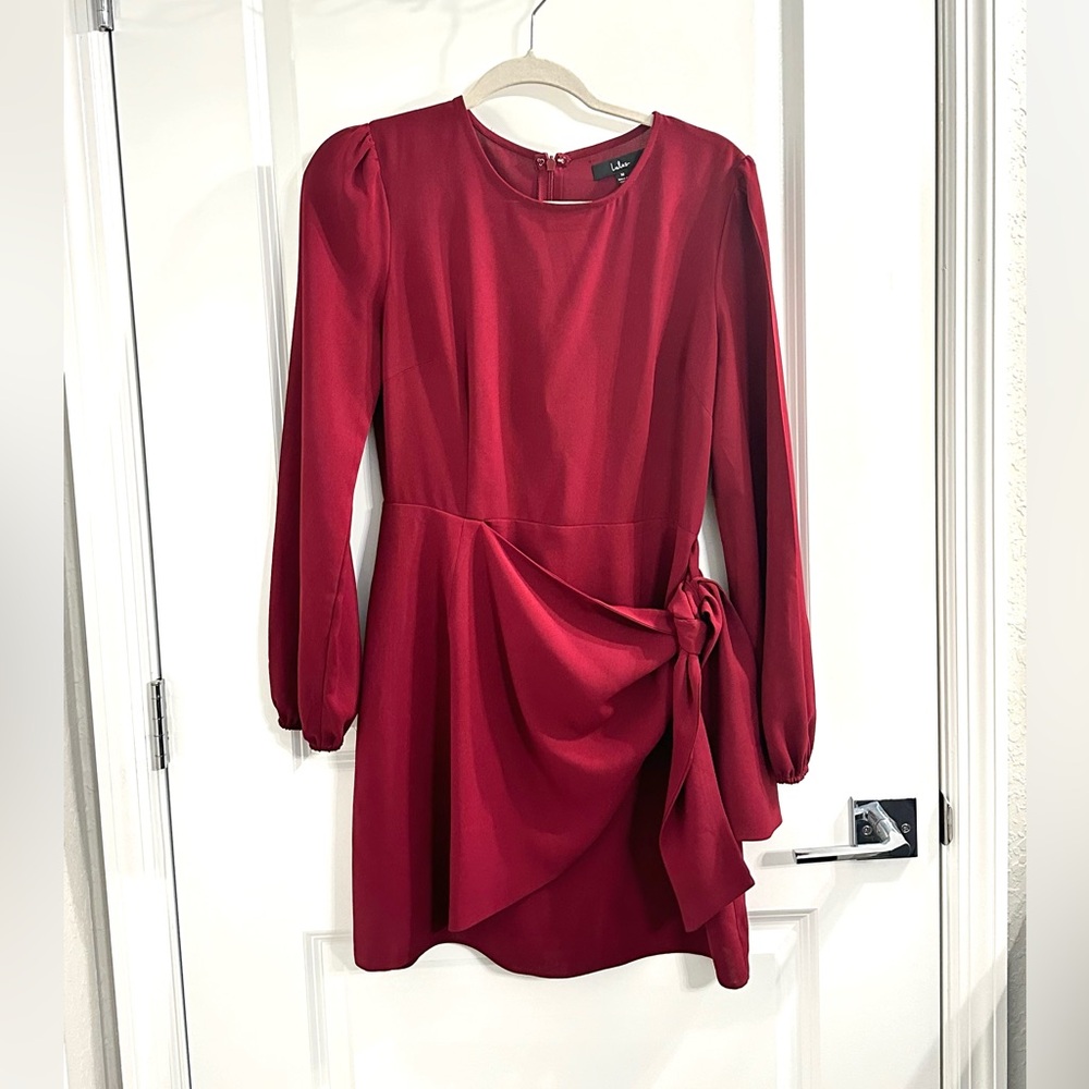 Lulu’s wine red skater dress with front tie wrap and long sleeves mid thigh - Picture 7 of 14